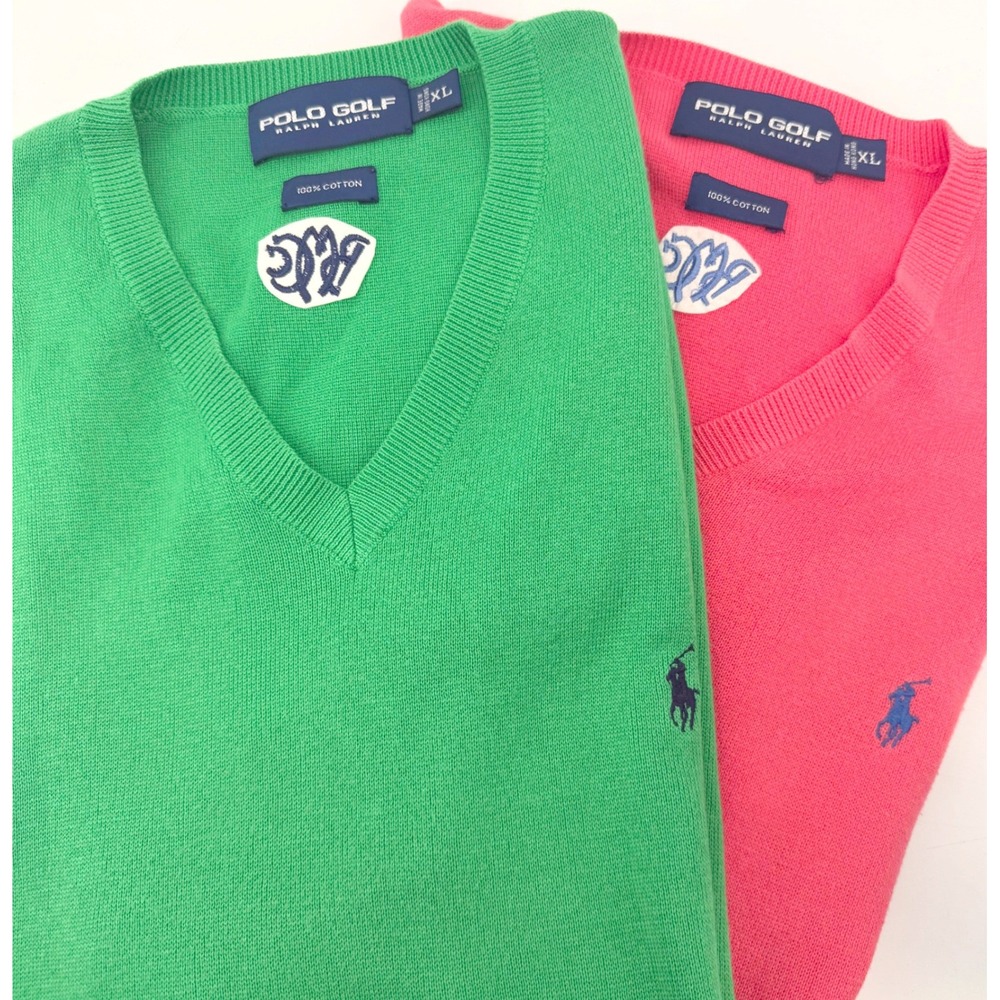 Lot of 2 Polo Golf Ralph Lauren Mens XL Cotton V-Neck Sweater Vests Pink Green - Picture 2 of 9